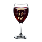 Copa de vino con frase " Los verdaderos amigos siempre traen vino "