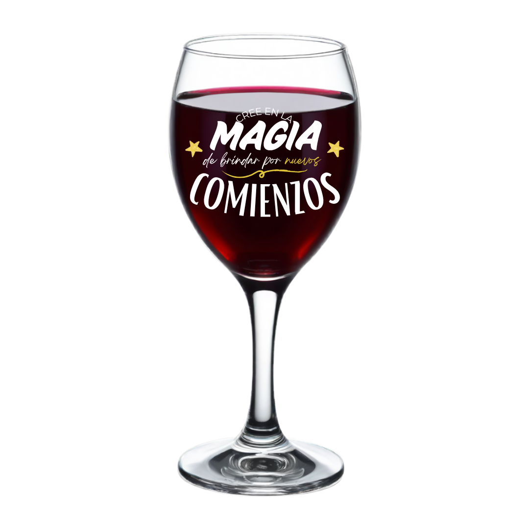 Copa cree en la magia Copa de vino con frase " Cree en la magia de brindar por nuevos comienzos " - Imagen 1